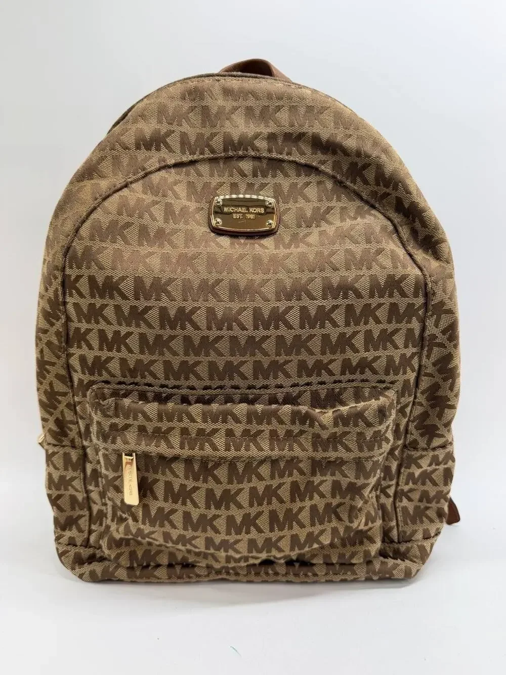 Michael Kors MK Logo Backpack Brown Tan Canvas Leather Trim Small Backpack